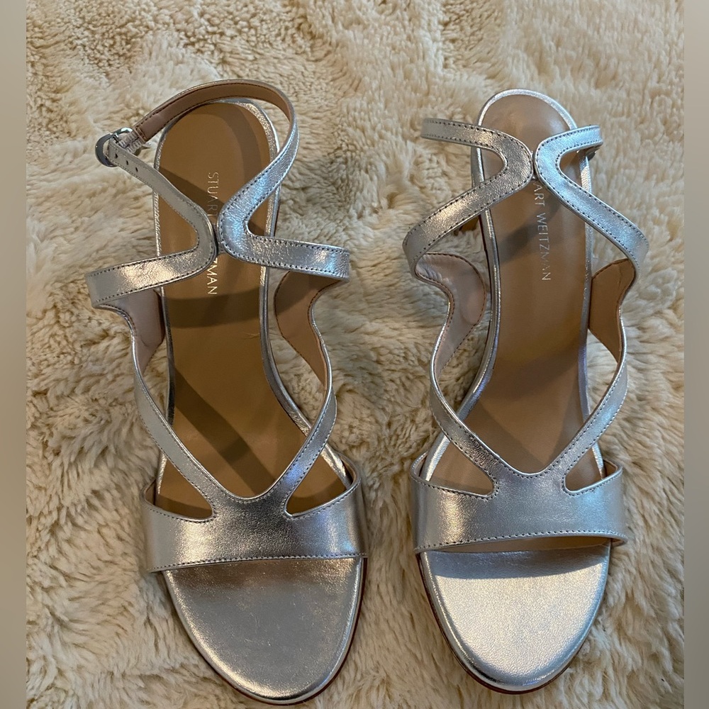 Stuart Weitzman Shimmering Silver Strappy Heels